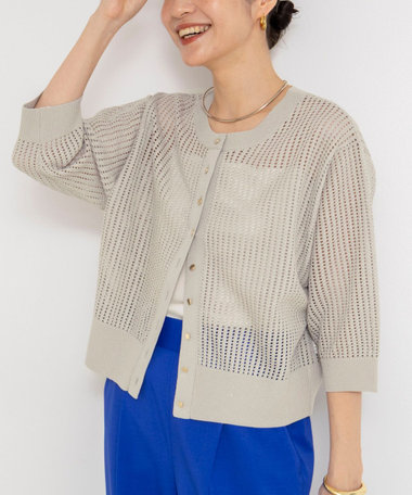 《手洗い可能》メッシュスパンコール6分袖カーディガン