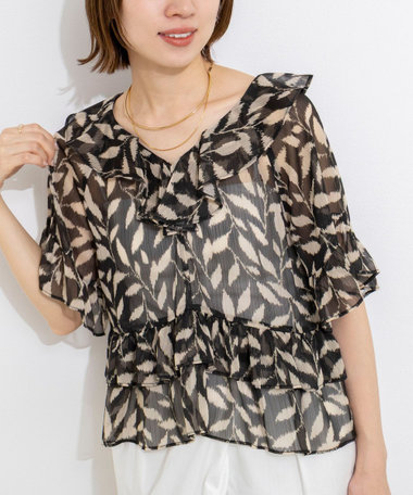 【Import Fabric】ウォッシャブル楊柳リーフ柄フリルブラウス