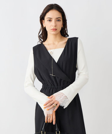 《手洗い可能》袖口レース取り外し可総針スクエアネックプルオーバー