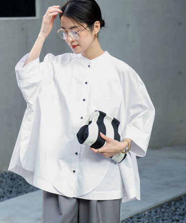 【MAQWEL/マクウェル】ウォッシャブルバンドカラーラグランシャツ