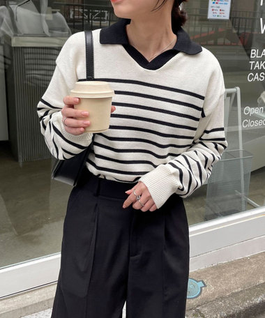 【Tricots Jean Marc】衿付きボーダープルオーバー