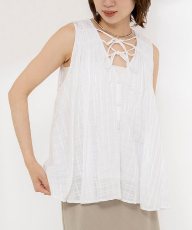 【MARILYN MOON/マリリーンムーン】sheer check 2way gathered blouse