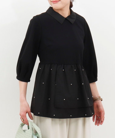パールスタッズ襟付きブラウス
