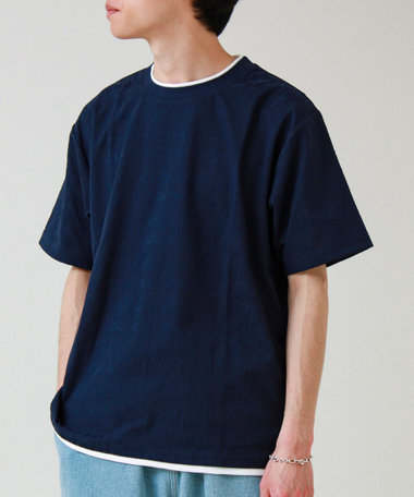 【1枚でレイヤード風】ストライプジャガード フェイクレイヤーTシャツ