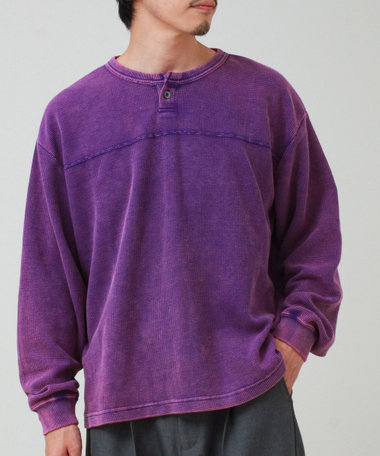 【ヴィンテージライク】硫化染めワッフル ヘンリーネックロングスリーブTシャツ