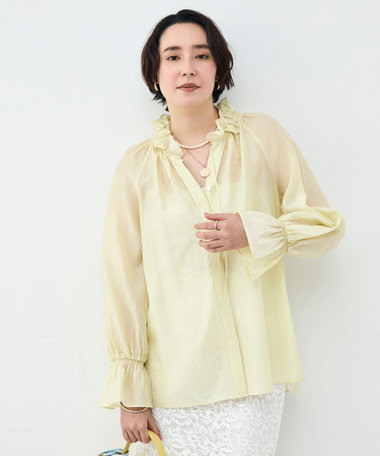 ウォッシャブルシアーオーガンジーフリルネックブラウス
