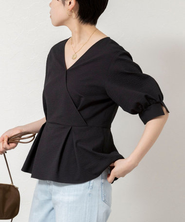 ウォッシャブルサッカーベルト付ペプラムブラウス