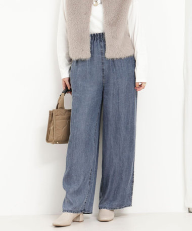 バイオシルクデニムタックワイドフレアパンツ