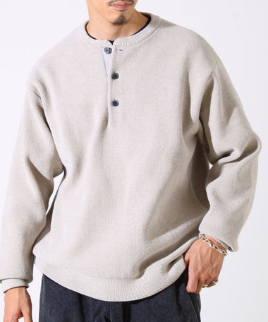 【昨年人気アイテム再登場！チクチクしないニット】モールバックボーダー ヘンリーネックニット