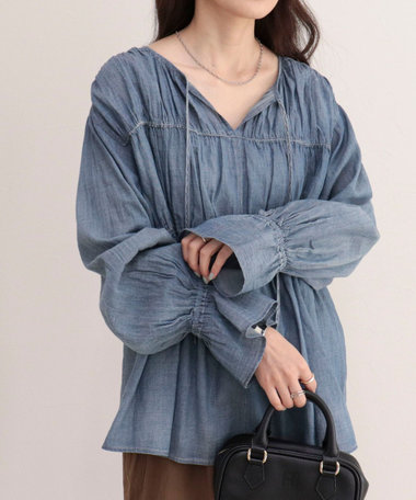 ［WEB限定 SPECIAL PRICE！］コットンボイルシアーデニムシャーリングブラウス