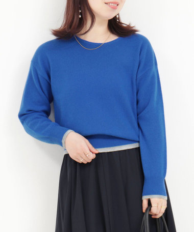 カシミヤ100 配色クルーネックプルオーバーニット（5-0803-6-02-003