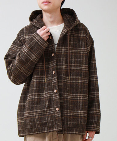 T/C起毛 チェックフーデッドシャツブルゾン