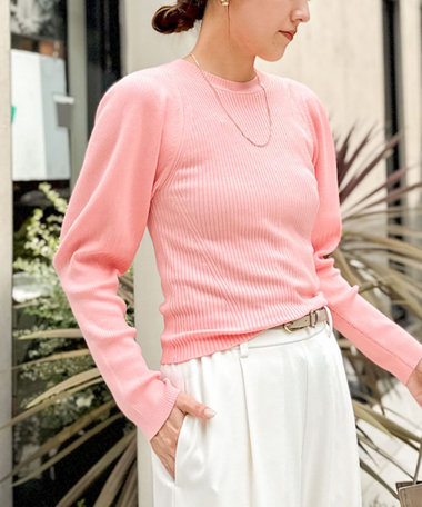 《手洗い可能》リブパフスリーブプルオーバーニット