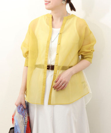 シアーリネンライク配色後ろリボンシャツ