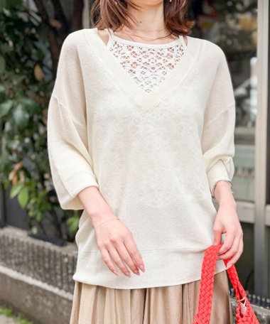 《手洗い可能》ペーパー混深V片畦プルオーバー