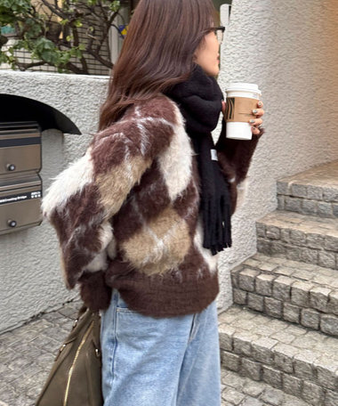 アーガイル柄起毛Ｖネックニット