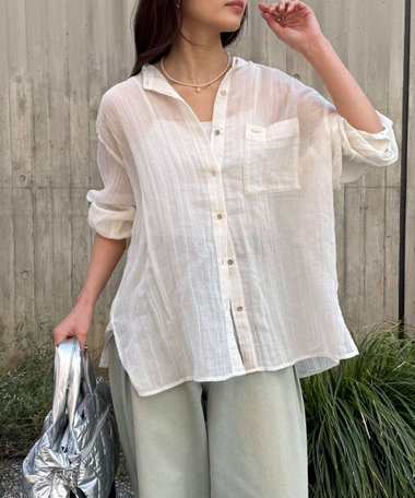 リネン混楊柳バンドカラーシャツ