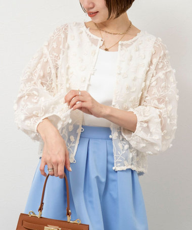 ノーリーズ　NOLLEY'S ブラウス　チュール　シャツ　カーディガン セール】ウォッシャブルチュール刺繍羽織ブラウス（シャツ