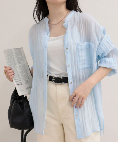 リネン混楊柳バンドカラーシャツ