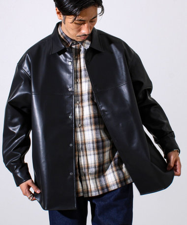 【本革見え/3サイズ展開】UNISEX レザーシャウター フェイクレザーシャツ