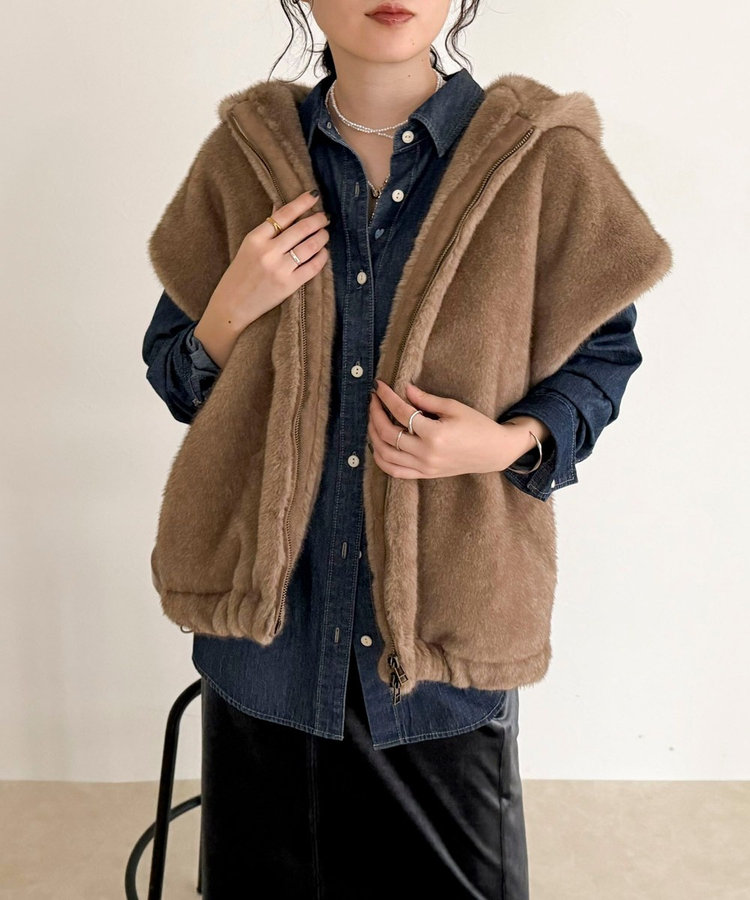 GALLERY BEIGE フェイクファーダウンベストM フェイクファー