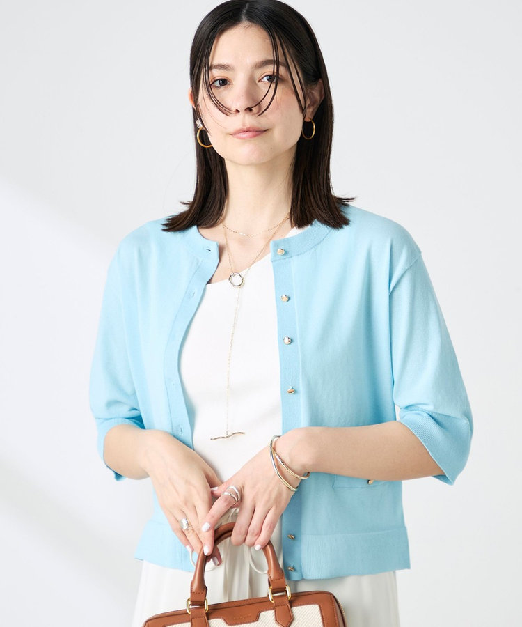 《手洗い可能》エアリーストレッチ5分袖Cネックカーディガン