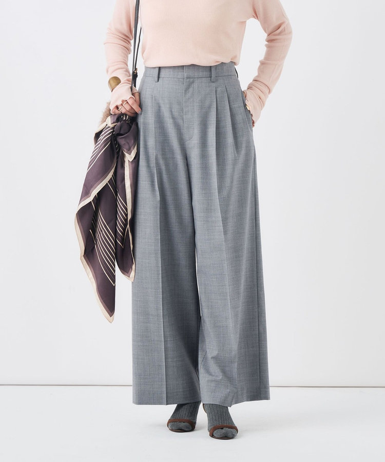 【一部WEB限定サイズ】《抗ピル/防シワ》ウォッシャブルポリウール梳毛タックワイドパンツ