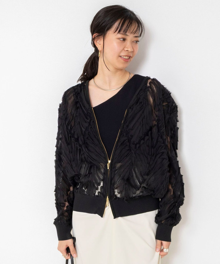 《手洗い可能》チュール刺繍ZIPカーディガン