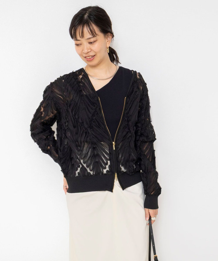 《手洗い可能》チュール刺繍ZIPカーディガン