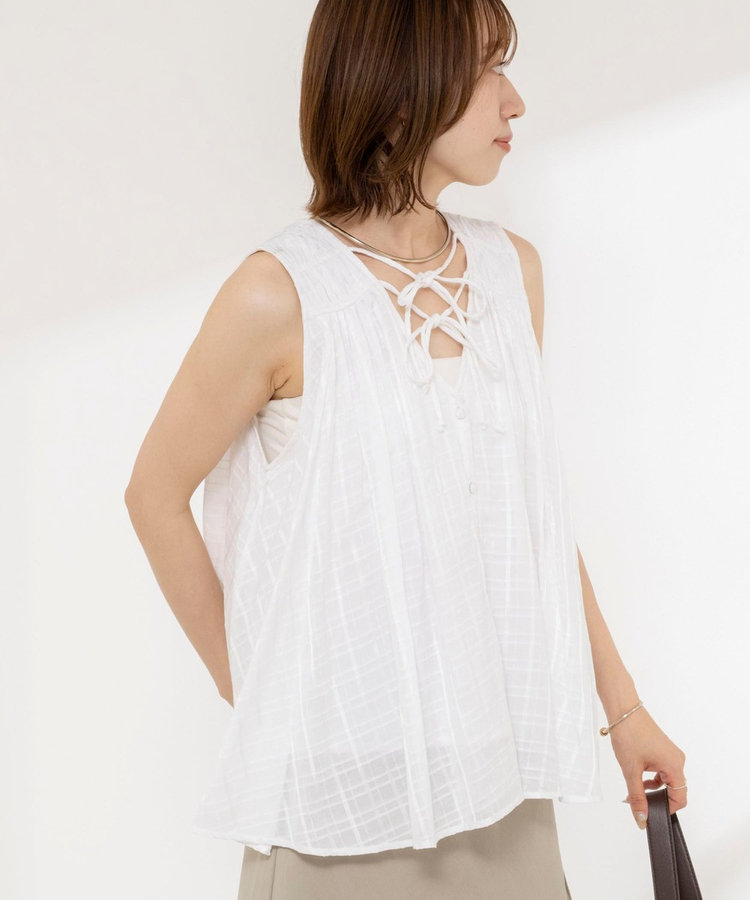 【MARILYN MOON/マリリーンムーン】sheer check 2way gathered blouse