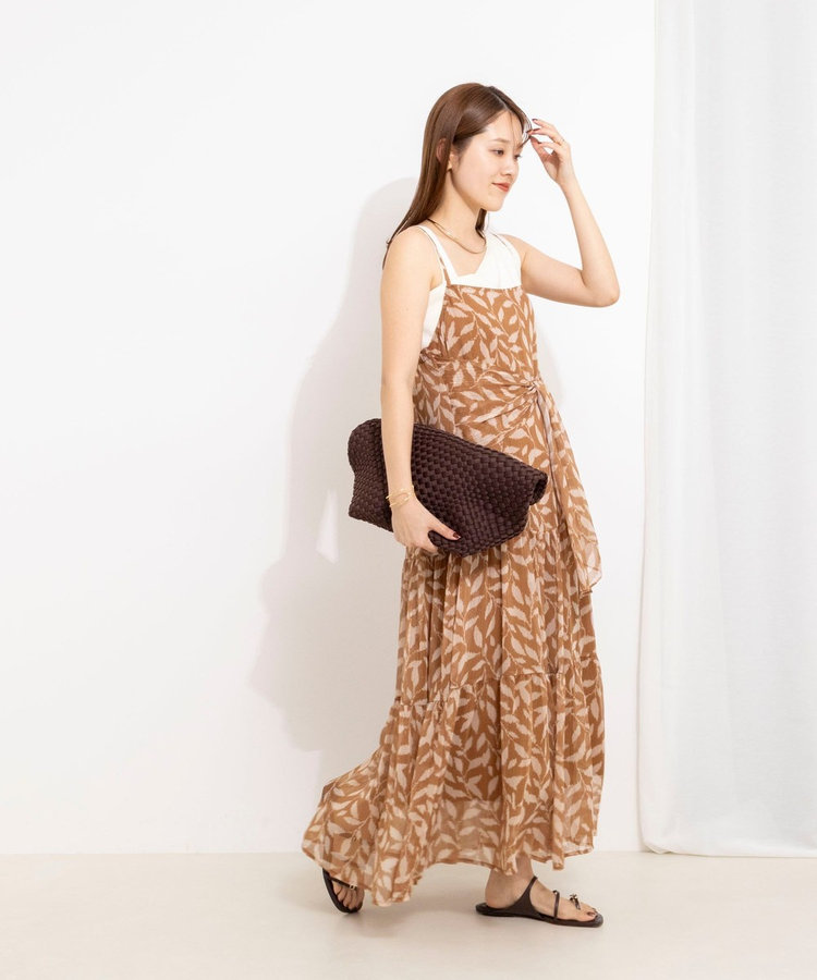 【Import Fabric】ウォッシャブル楊柳リーフ柄ウエストリボンワンピース