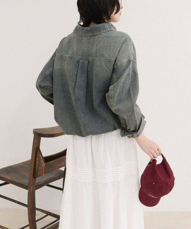 裾ドロストデニム/ホース柄シャツ