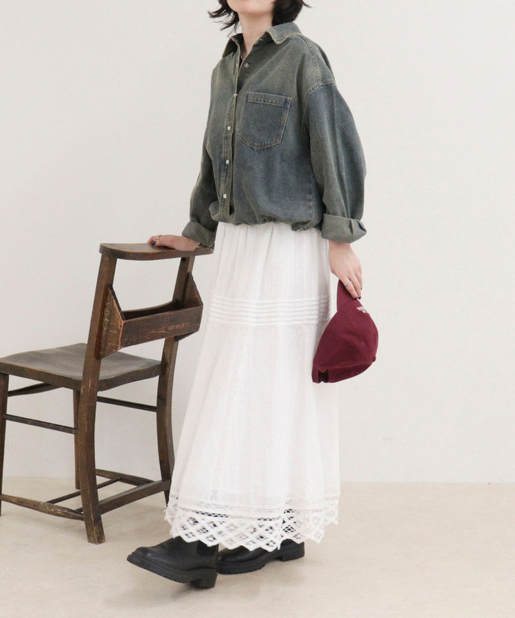 裾ドロストデニム/ホース柄シャツ