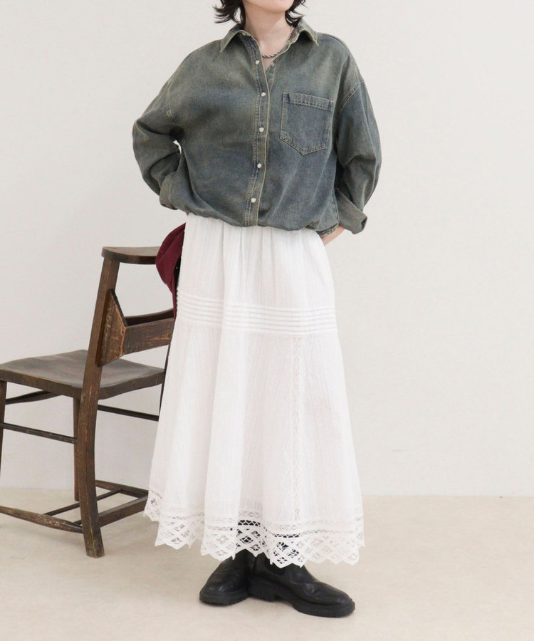 裾ドロストデニム/ホース柄シャツ