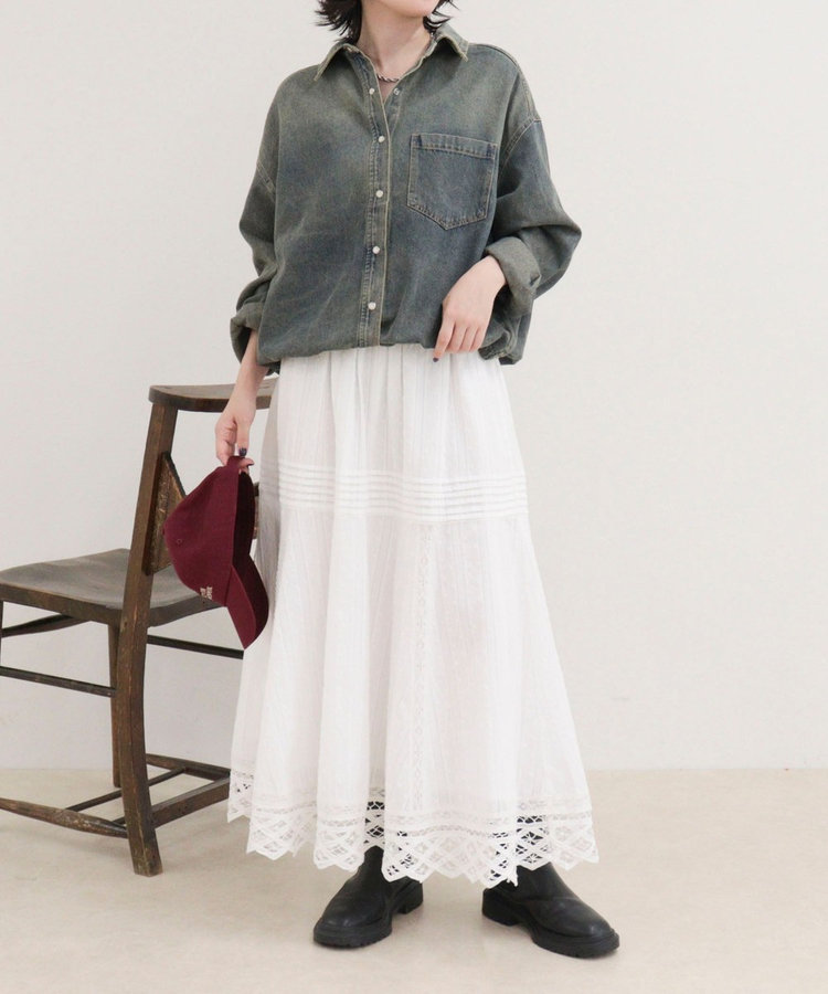裾ドロストデニム/ホース柄シャツ