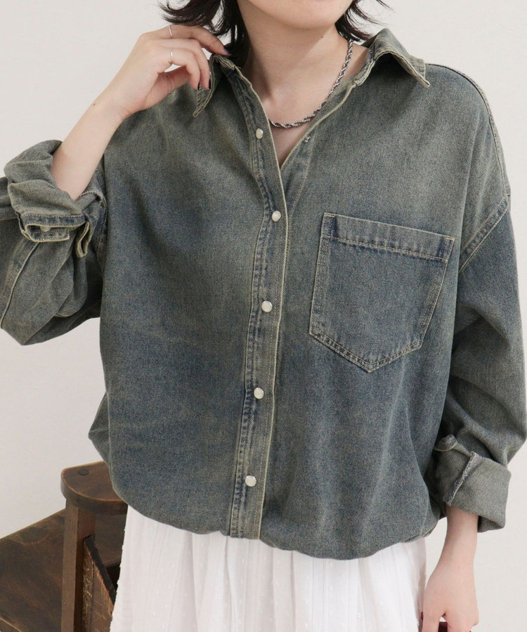 裾ドロストデニム/ホース柄シャツ