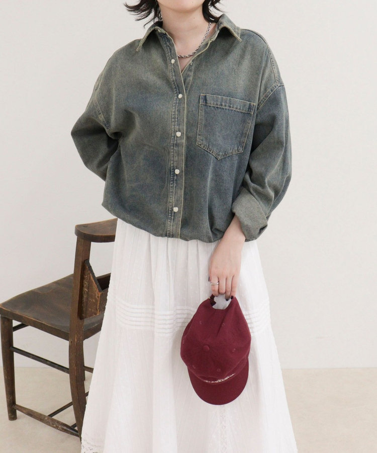 裾ドロストデニム/ホース柄シャツ