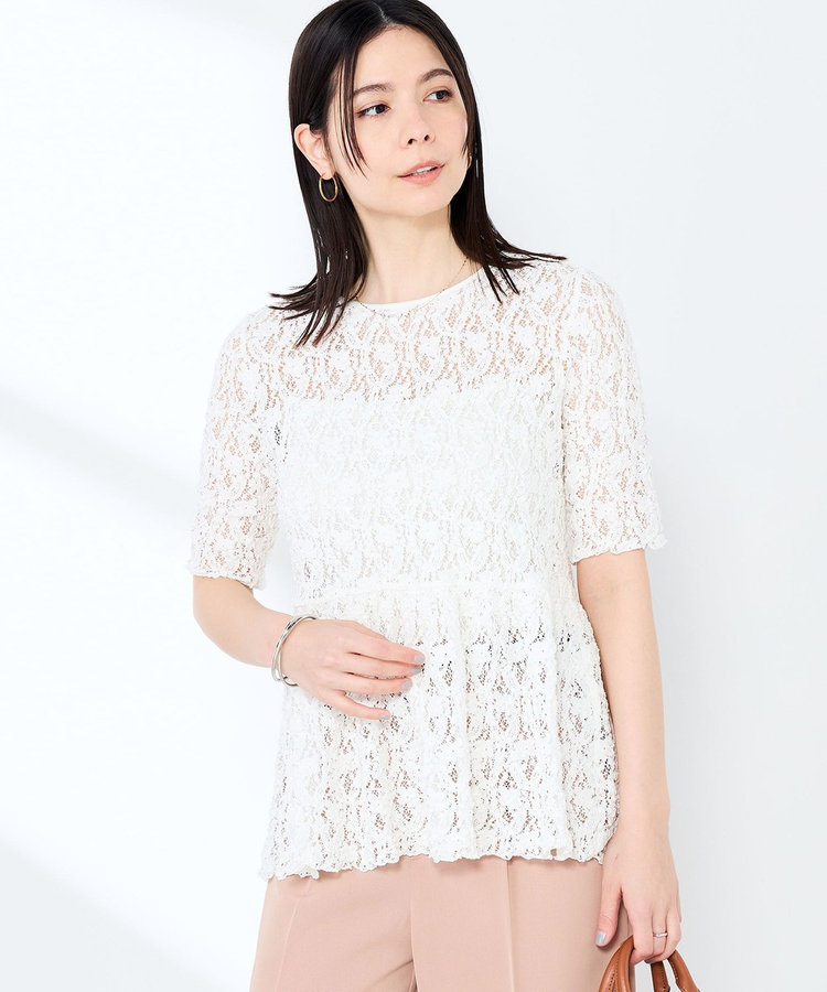 ［WEB限定 SPECIAL SALE！］ウォッシャブルストレッチレースペプラム半袖プルオーバー