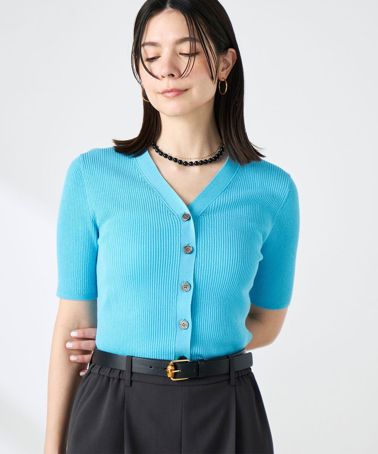 ［WEB限定 SPECIAL SALE！］《接触冷感》綿アセリブ半袖Vネックカーディガン