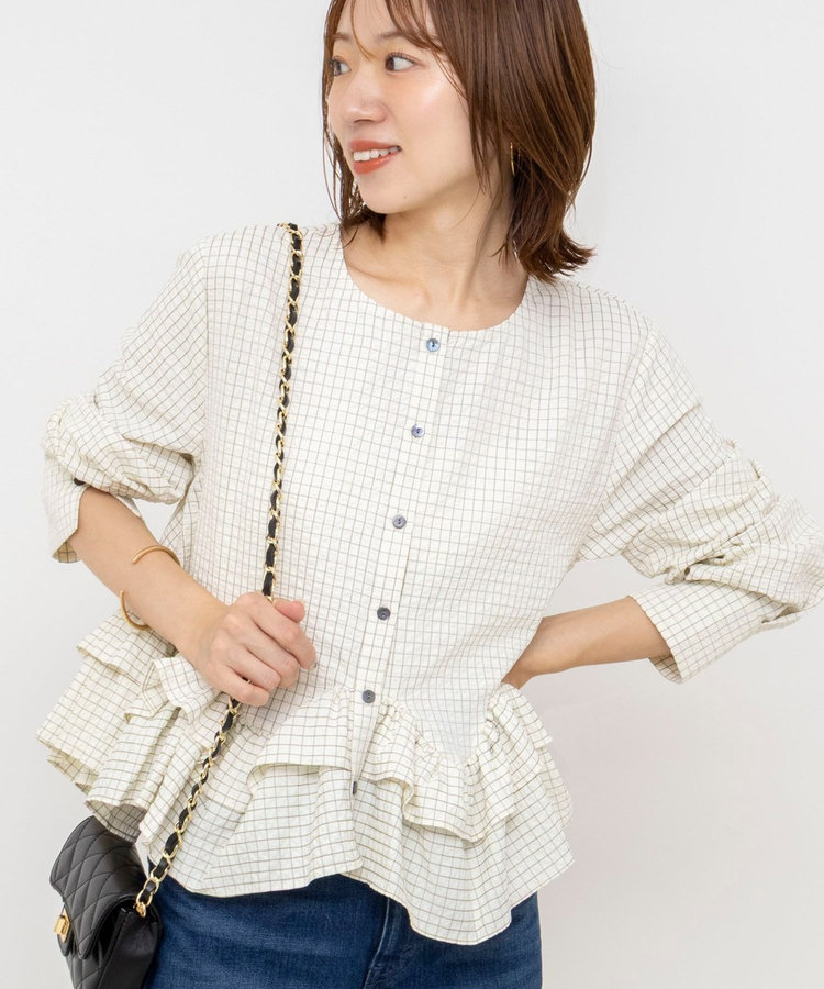 【WEB限定】ウォッシャブル2WAYチェックペプラムフリルブラウス