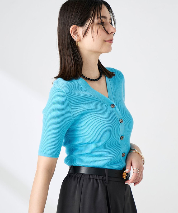 ［WEB限定 SPECIAL SALE！］《接触冷感》綿アセリブ半袖Vネックカーディガン