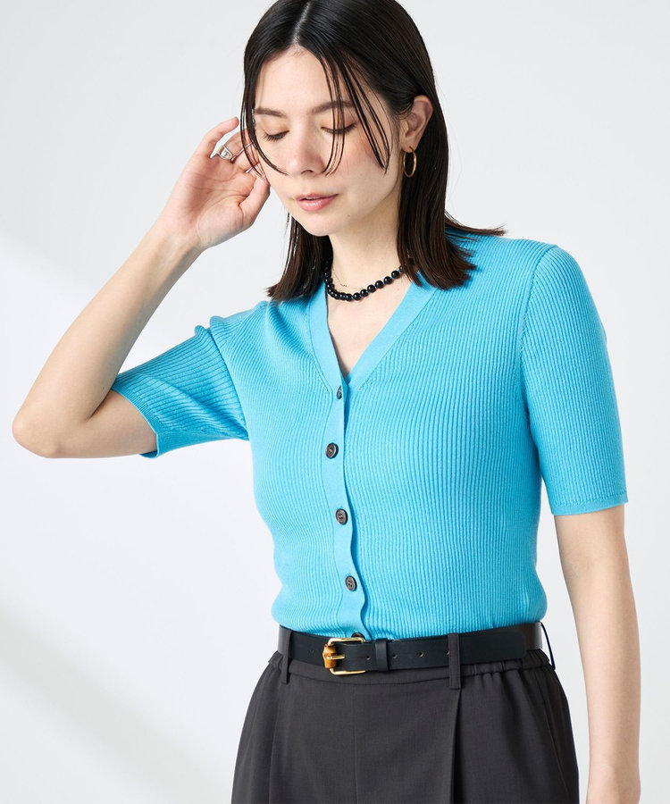 ［WEB限定 SPECIAL SALE！］《接触冷感》綿アセリブ半袖Vネックカーディガン