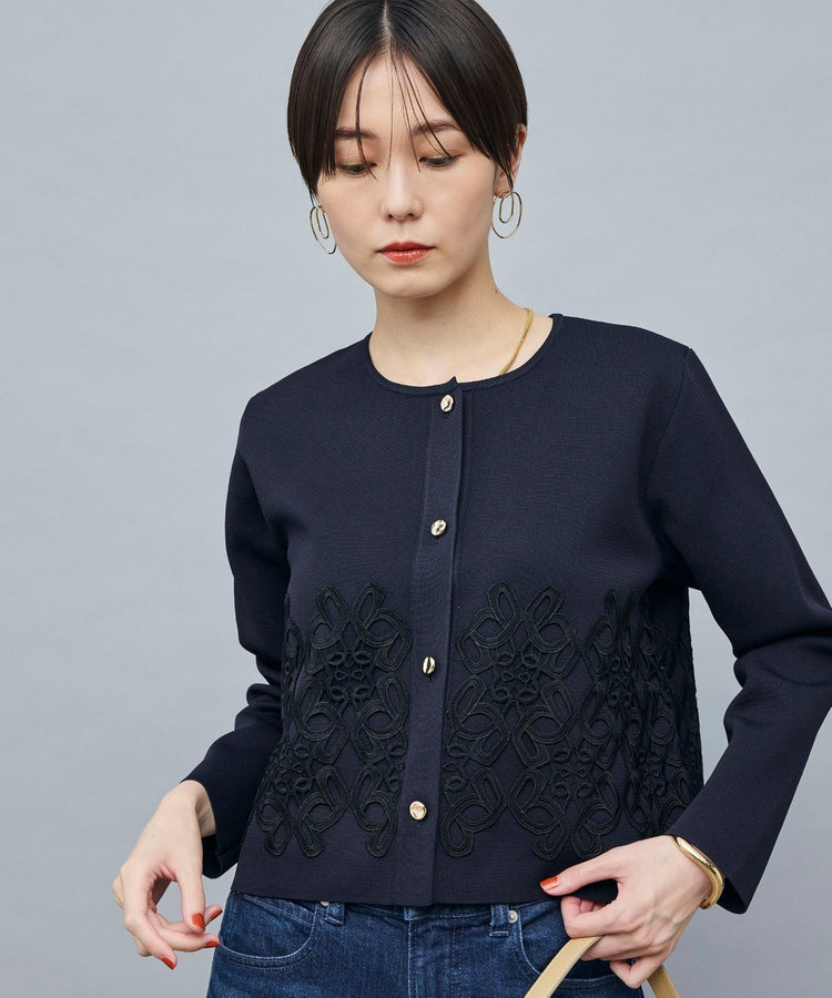 美品 ランバンコレクション レース装飾 クルーネック 長袖 ニット カーディガン 美品 ランバンコレクション レース装飾 クルーネック 長袖 ニット