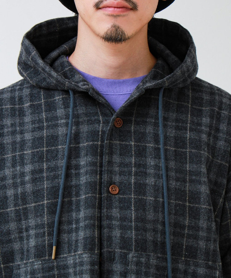 T/C起毛 チェックフーデッドシャツブルゾン