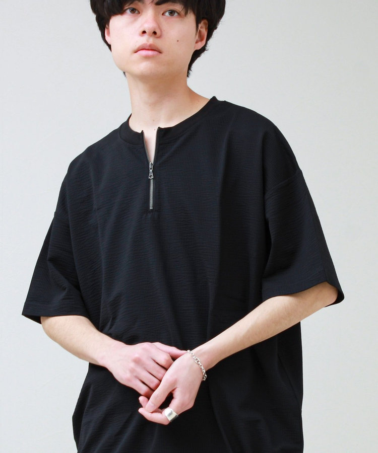 カットサッカー ハーフジップTシャツ