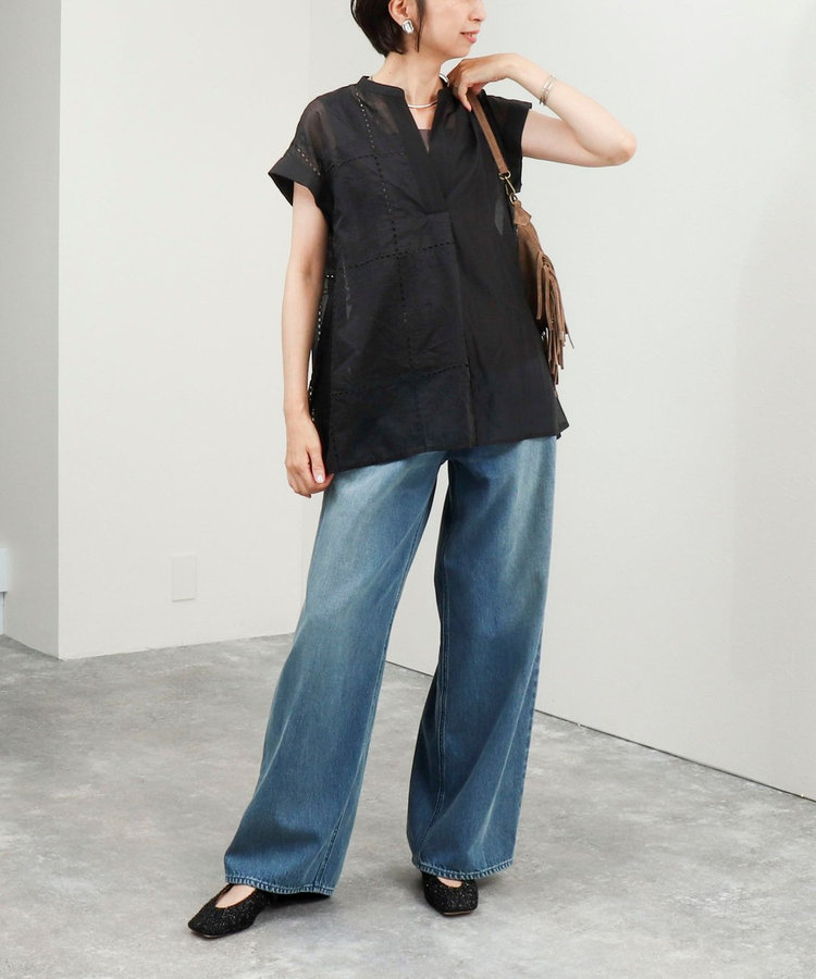 スクエア刺繍バンドカラーシャツ
