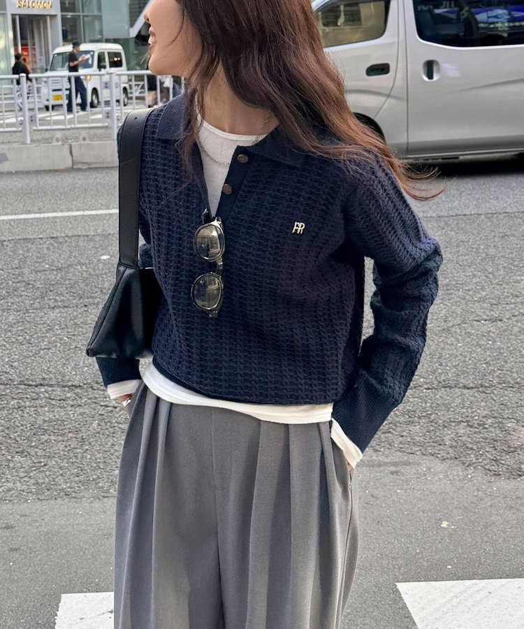 FR刺繍ケーブル柄ポロ衿ニットプルオーバー