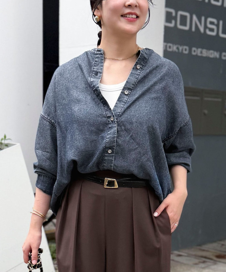 パウダーシルクデニムバンドカラーシャツ
