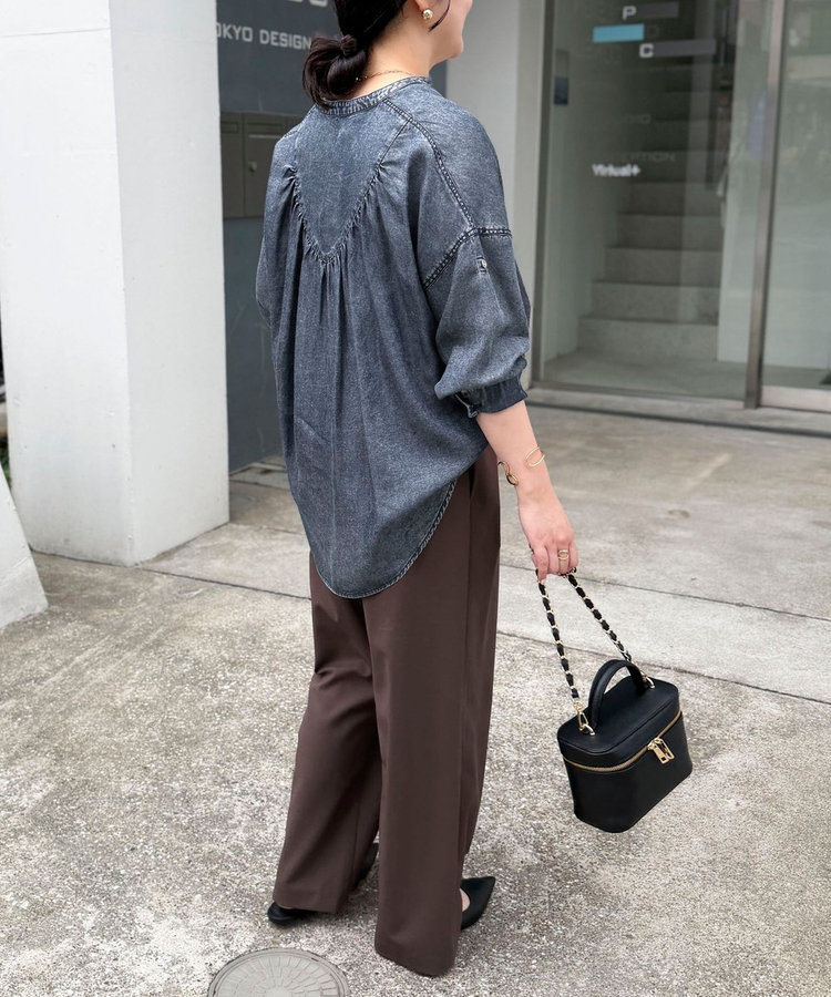 パウダーシルクデニムバンドカラーシャツ