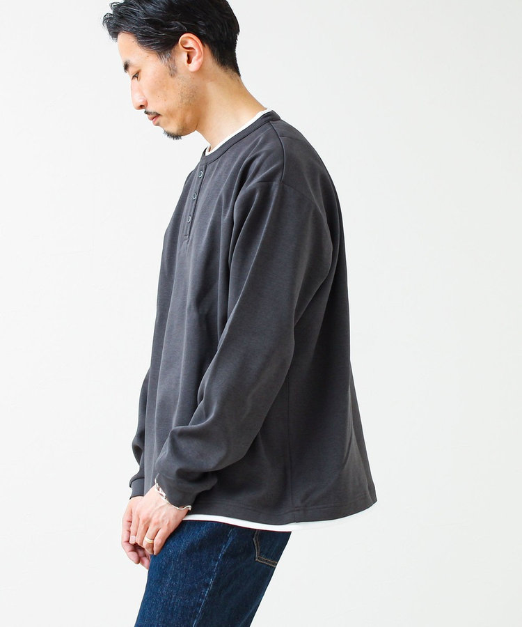 【1枚で完成する】杢ダンボール ヘンリーネックフェイクレイヤー ロンT
